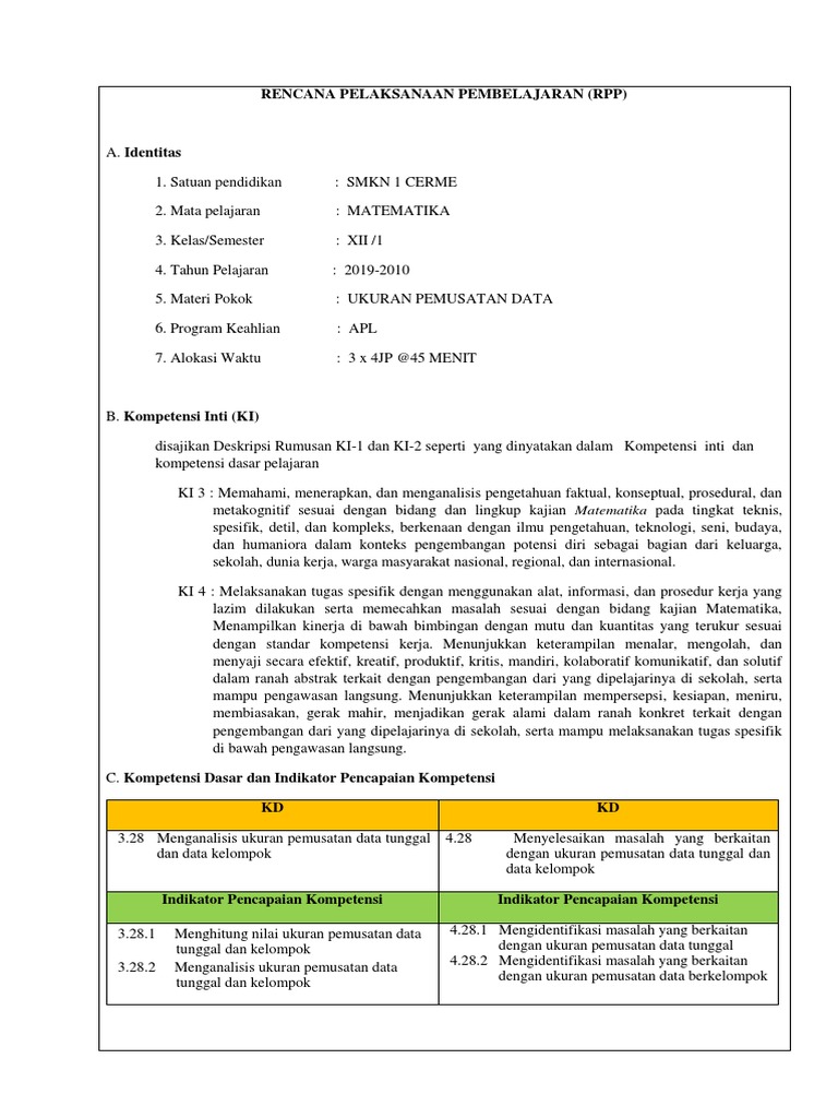 RPP Matematika: Ukuran Pemusatan Data | PDF