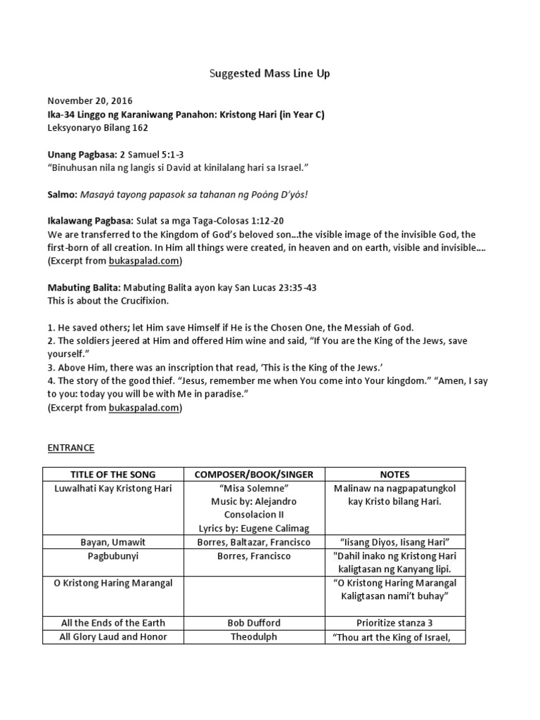Suggested Mass Line Up Christ The King Year C PDF Bible Content