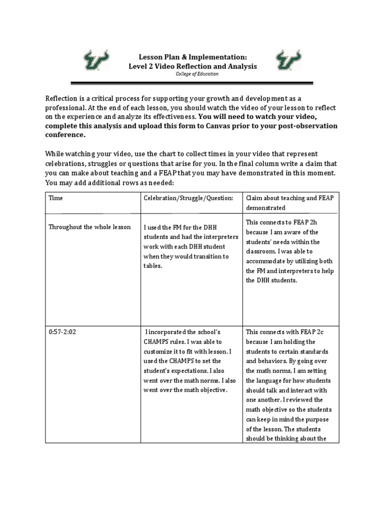 Lesson Plan & Implementation: Level 2 Video Reflection and Analysis ...
