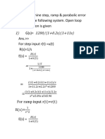 QUE. 1) Determine Step, Ramp & Parabolic Error Constant For The Following System. Open Loop Transfer Function Is Given G(S) Ans. For Step Input R (T) U (T) R(S) 1/s E(s)