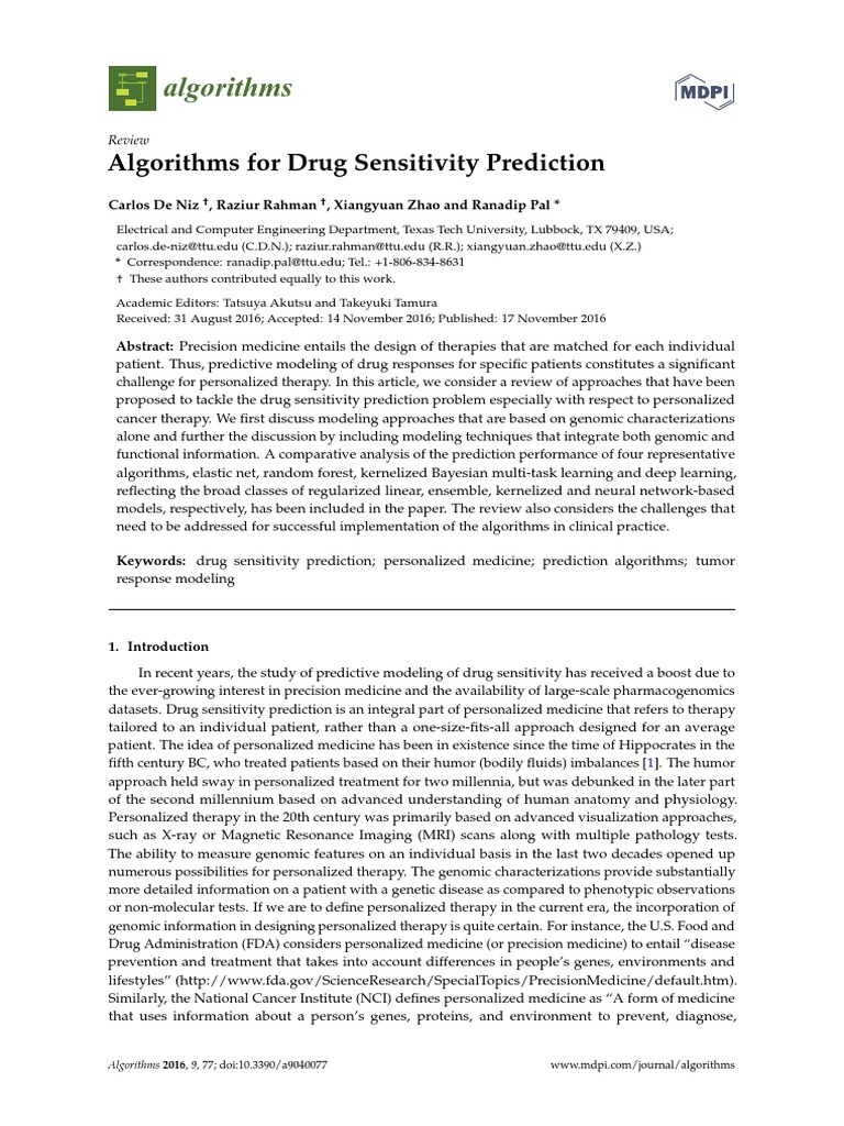 Algorithms For Drug Sensitivity Prediction | PDF | Regression Analysis ...
