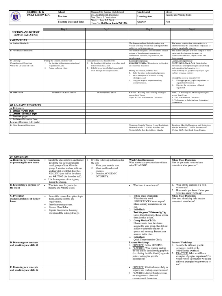 Grade 11 Reading & Writing Lesson Plan | PDF | Reading Comprehension ...
