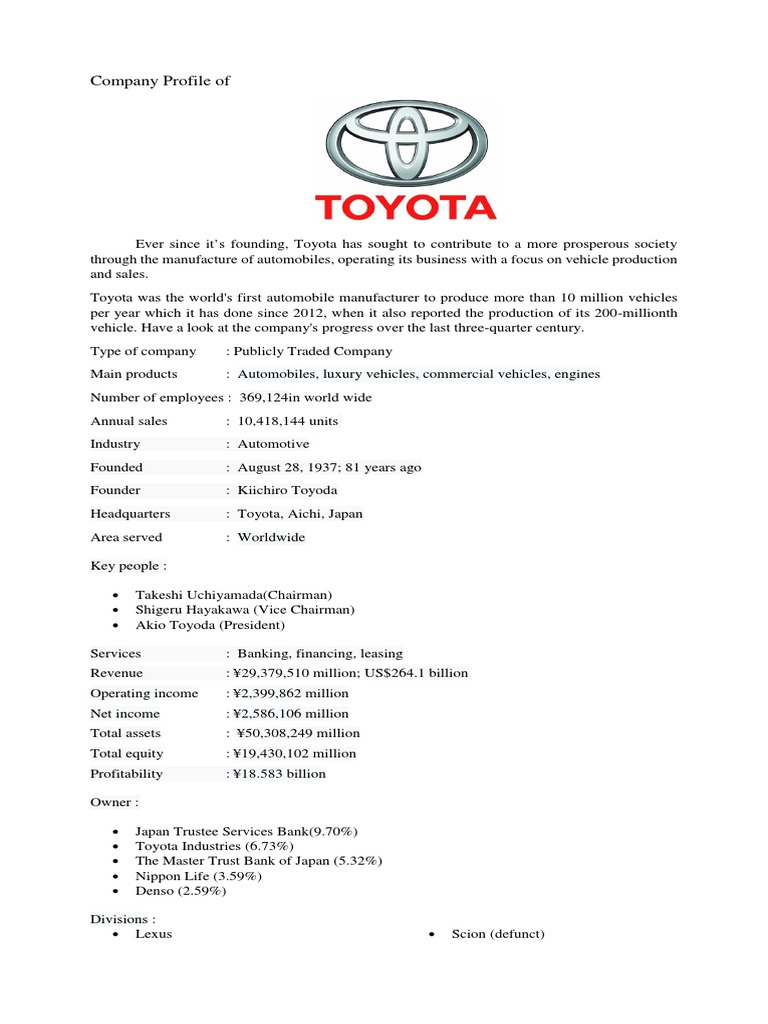 Company Profile of Toyota | PDF | Toyota | Motor Vehicle
