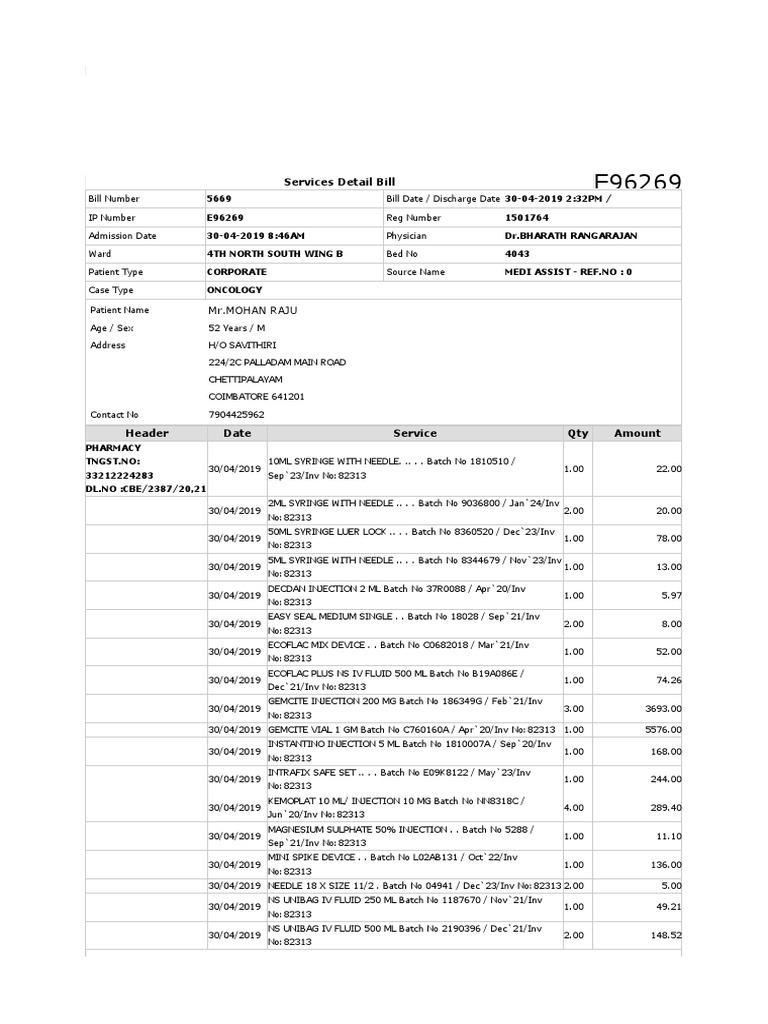 Services Detail Bill | PDF | Syringe | Intravenous Therapy