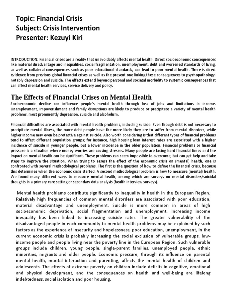 Financial Crisis and Mental Health Impact | PDF | Mental Health ...