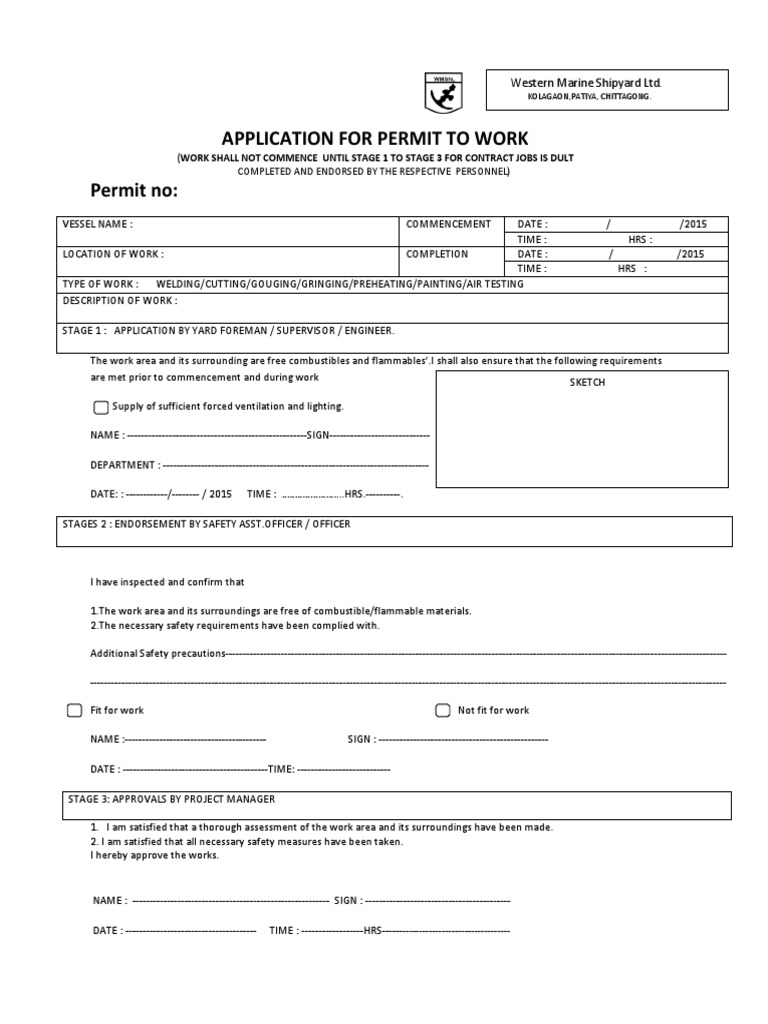 Application For Permit To Work Permit No:: (Work Shall Not Commence ...