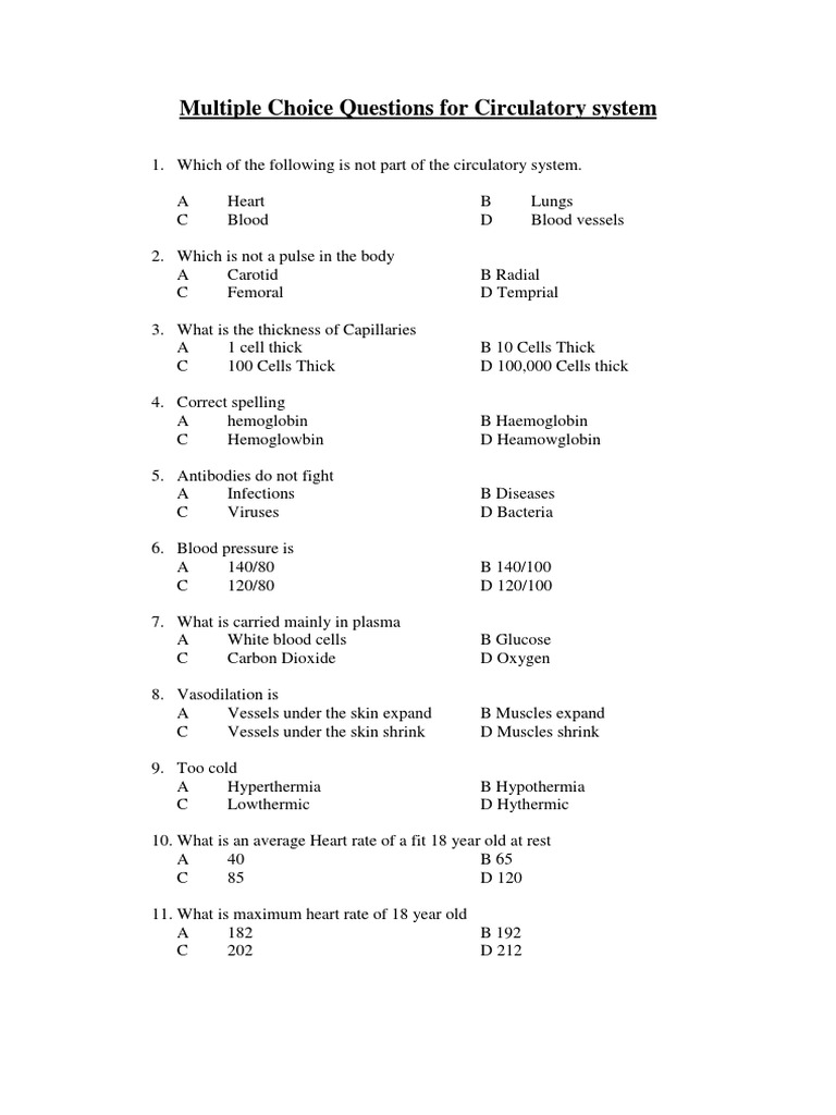 Circulatory System Questions Pdf Artery Heart
