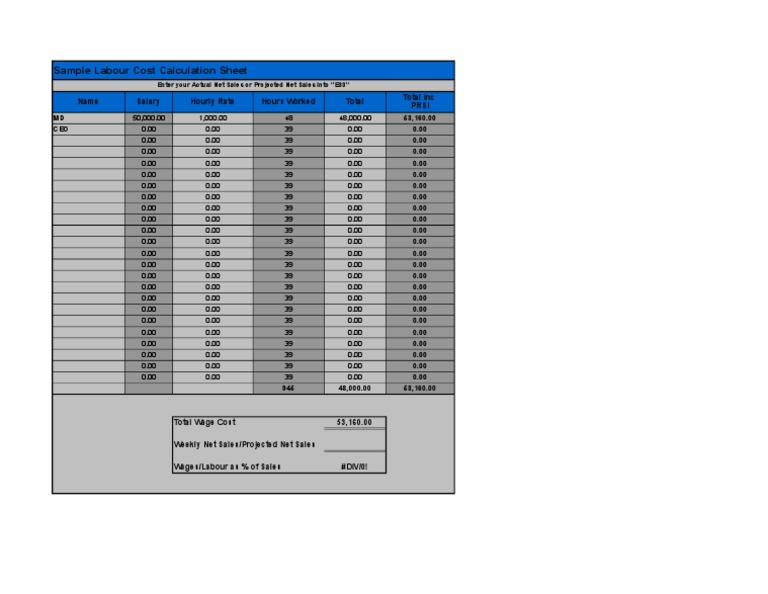 Sample Labour Cost Calculation Sheet Name Salary Hourly Rate Hours