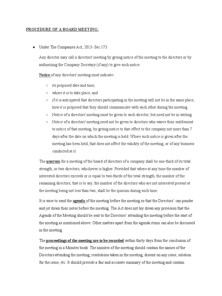 Procedure of A Board Meeting | PDF | Agenda (Meeting) | Board Of Directors