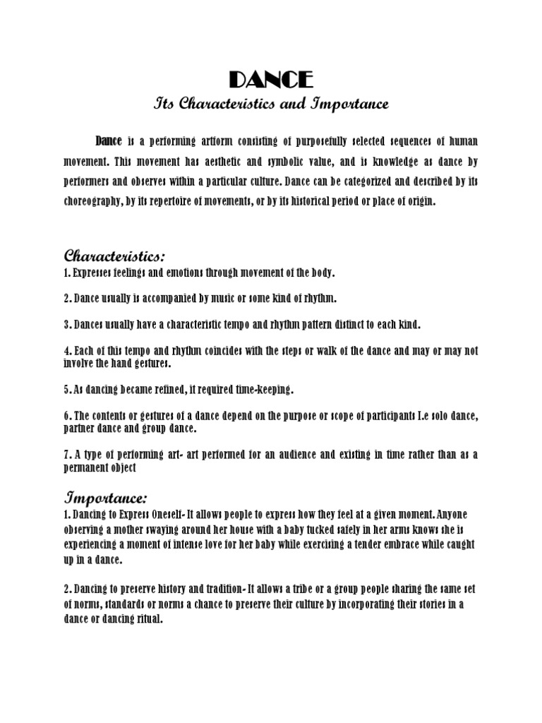 Dance Its Characteristics and Importance PDF Dances Rhythm