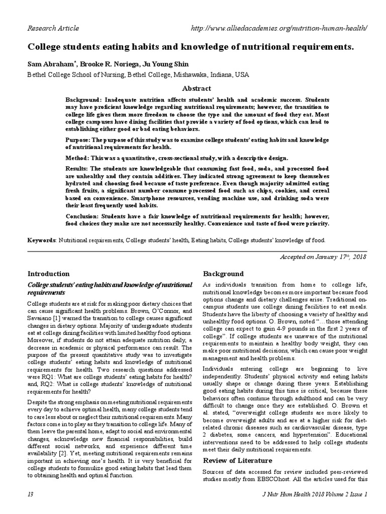 College Students Eating Habits and Knowledge of Nutritional ...