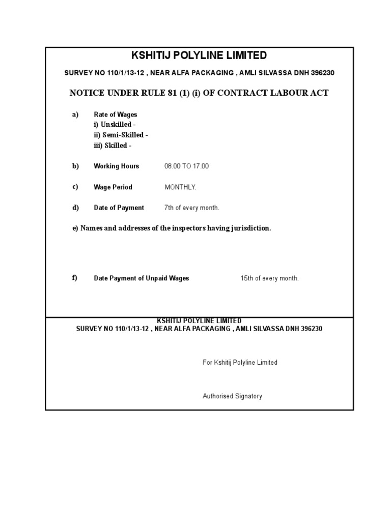 Labour Notice for Kshitij Polyline Ltd. | PDF