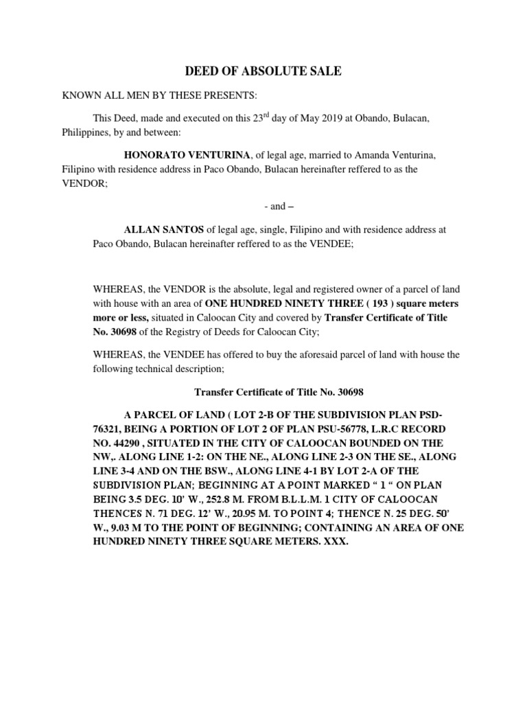 Deed of Absolute Sale PDF Real Property Law Civil Law (Legal System)