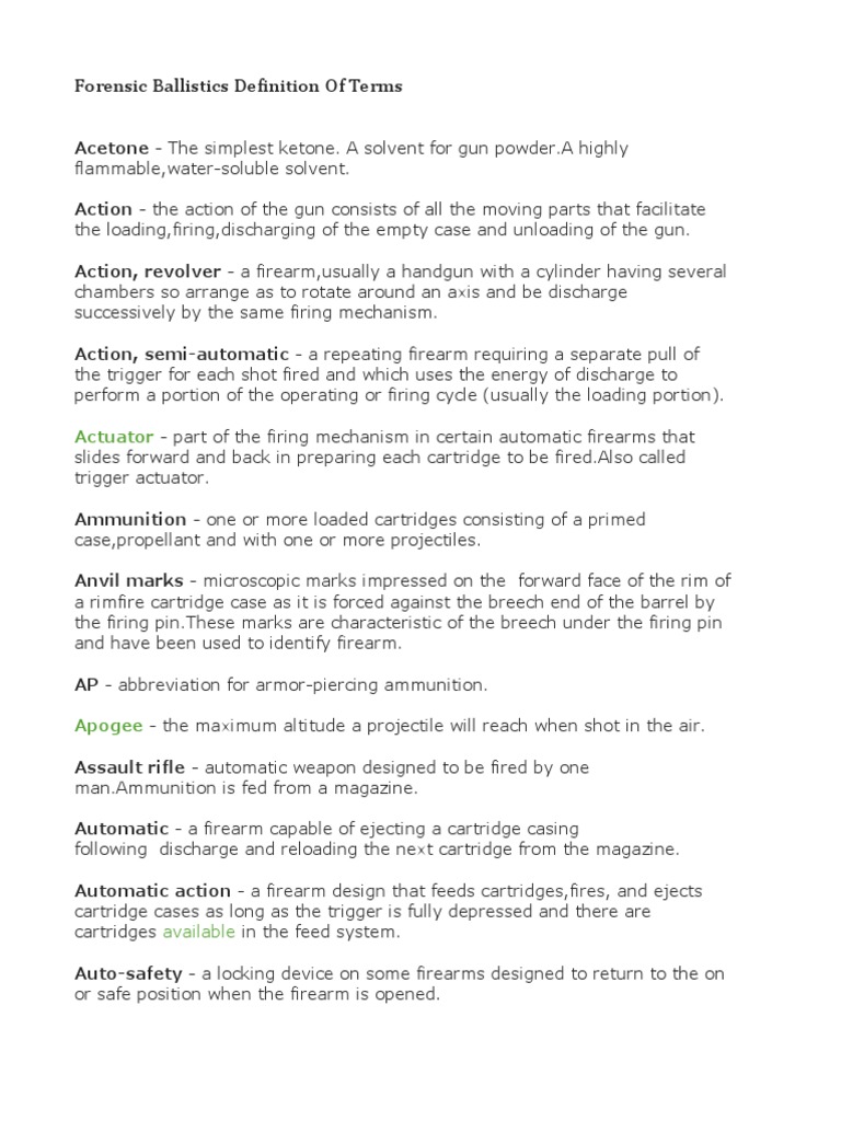 Forensic Ballistics Definition Of Terms Guide PDF Cartridge
