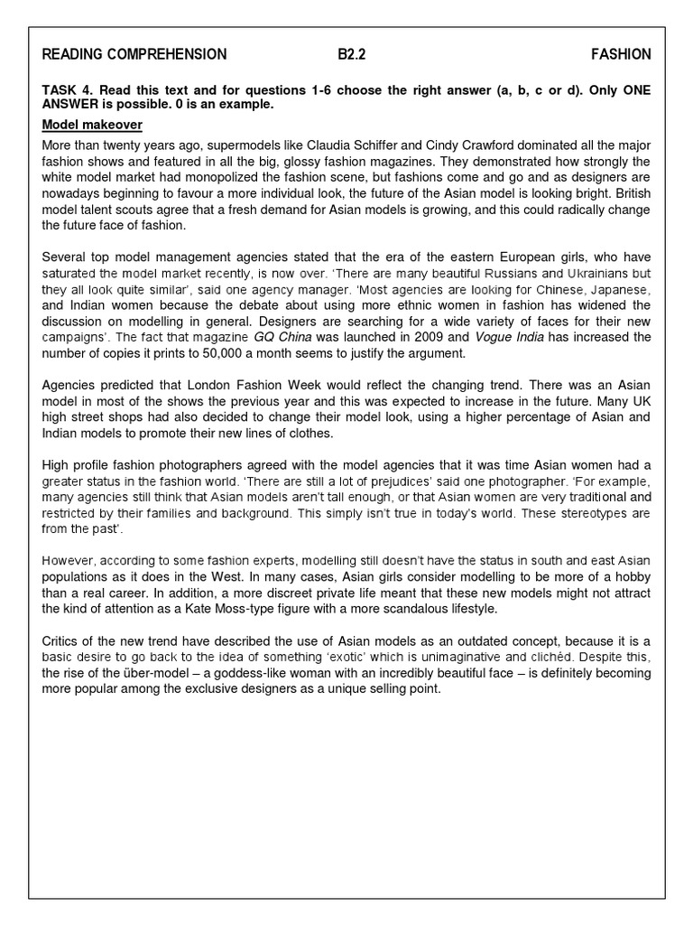 READING. Model Makeover (Multiple Choice) | PDF | Fashion