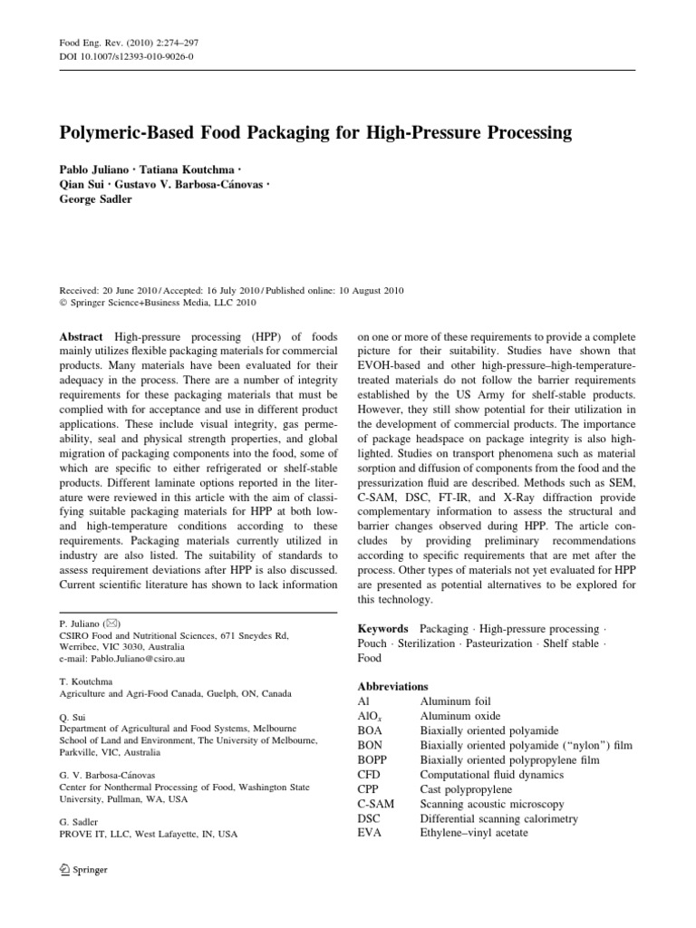 Polymeric-Based Food Packaging For High-Pressure Processing | PDF ...