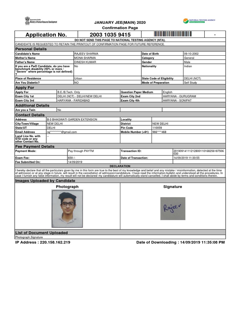JEEMAINJAN ConfirmationPage | PDF | Business