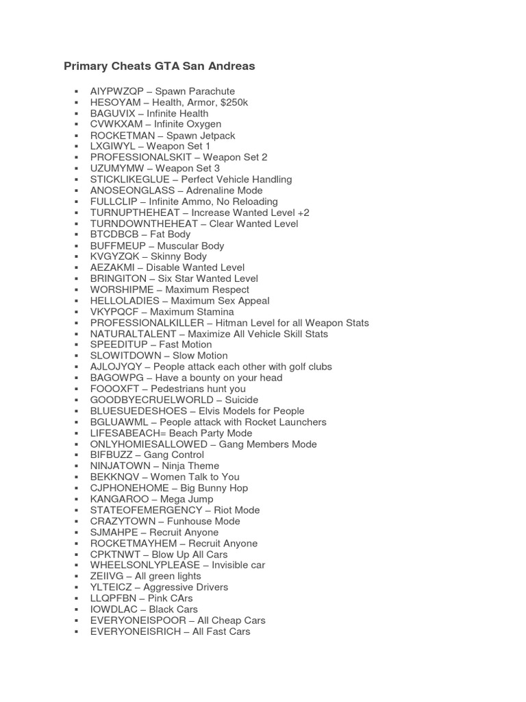 Primary Cheats GTA San Andreas | PDF | Vehicles