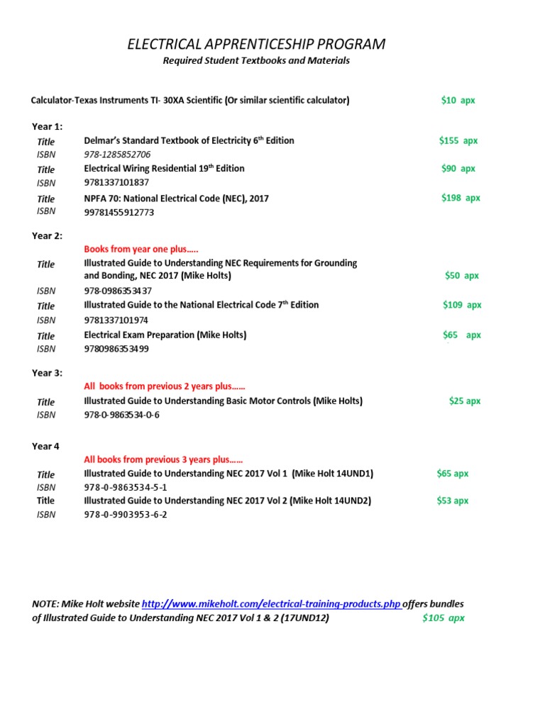 Required Textbooks and Materials for a Four-Year Electrical ...