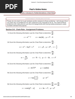 Calculus Iii Chain Rule Assignment Problems Subtraction Algebra