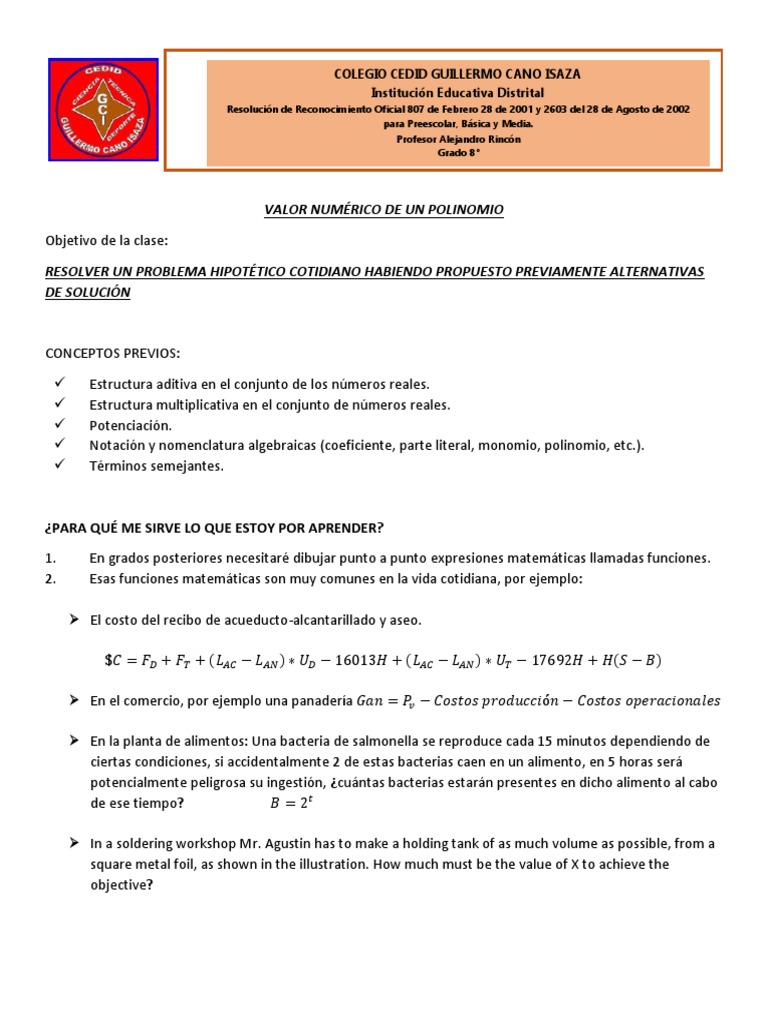 Cálculo del Valor Numérico de un Polinomio | PDF | Ecuaciones ...
