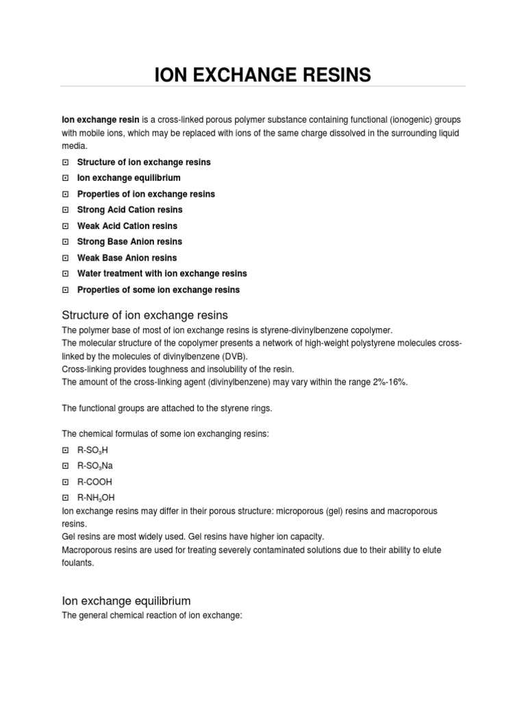 Ion Exchange Resins PDF Ion Exchange Ion