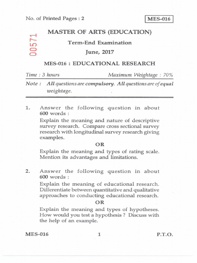 MES-016 Educational Research Exam Paper | PDF