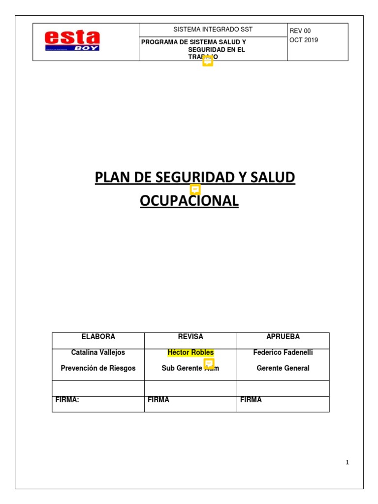 Plan de Seguridad y Salud Ocupacional | PDF | Seguridad y salud ...