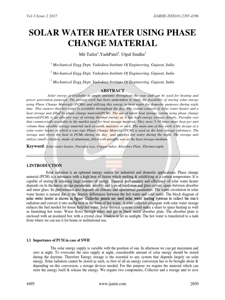 Solar Water Heater Using Phase Change Material: Mit Tailor, Yashpatel ...