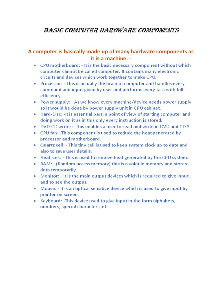 Basic Computer Hardware Components | PDF
