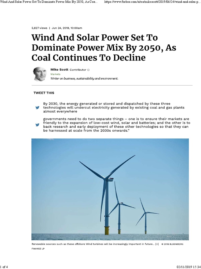 Wind and Solar Power Set To Dominate Power Mix by 2050, As Coal ...