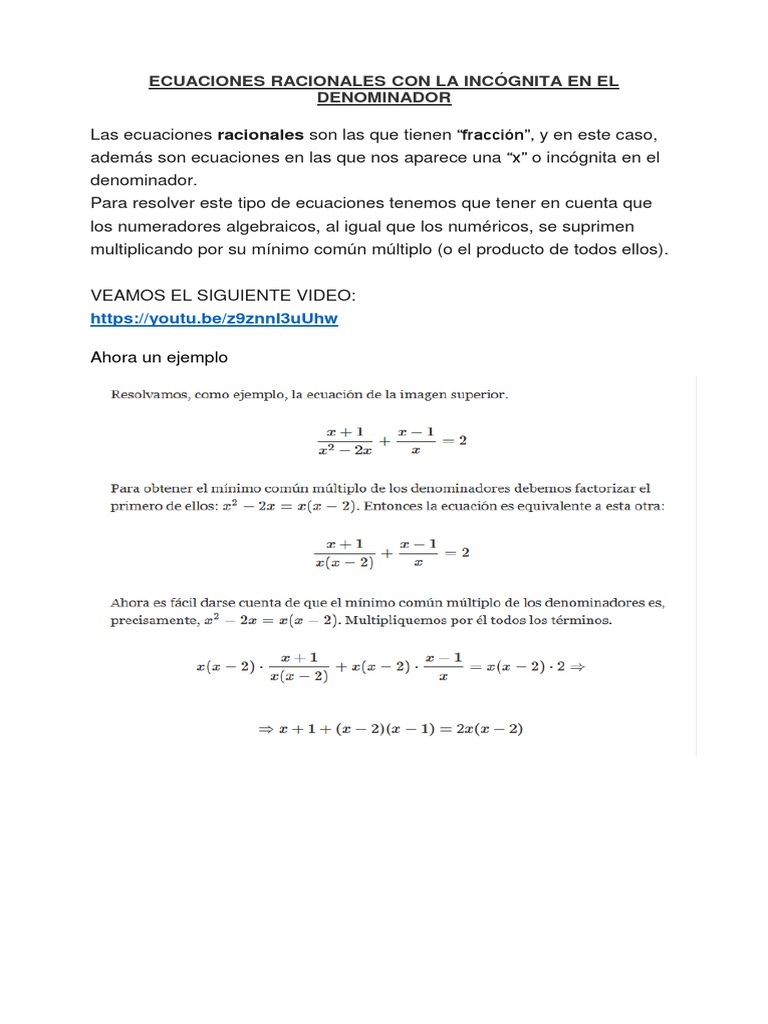 Ecuaciones Racionales Incognita en El Denominador PDF