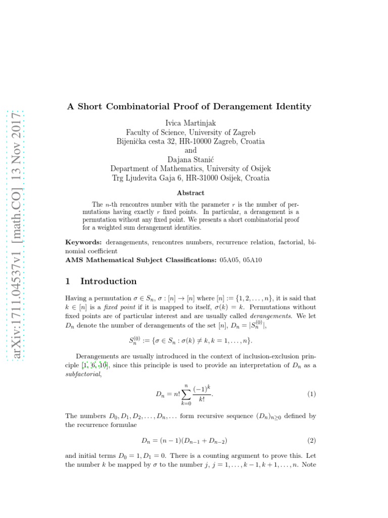 Derangement Formula Proof Download Free PDF Permutation