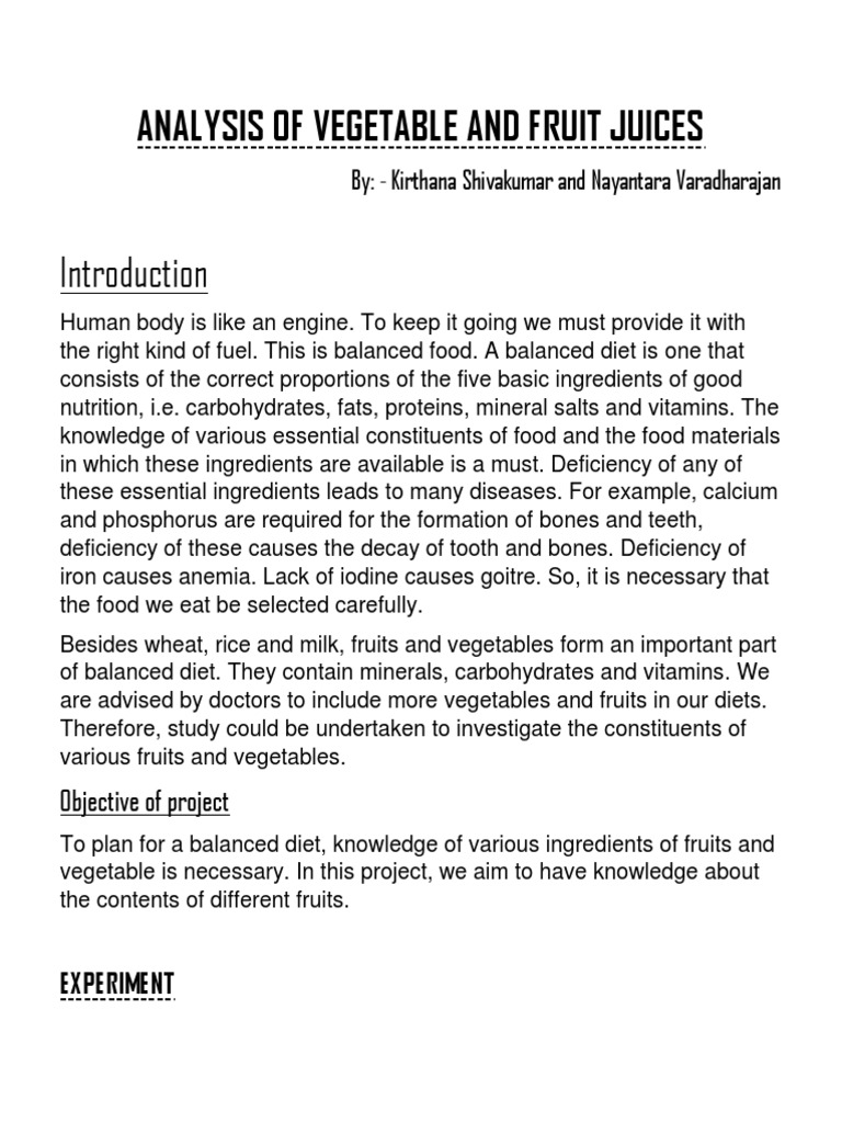 Analysis of Vegetable and Fruit Juices By Kirthana Shivakumar and