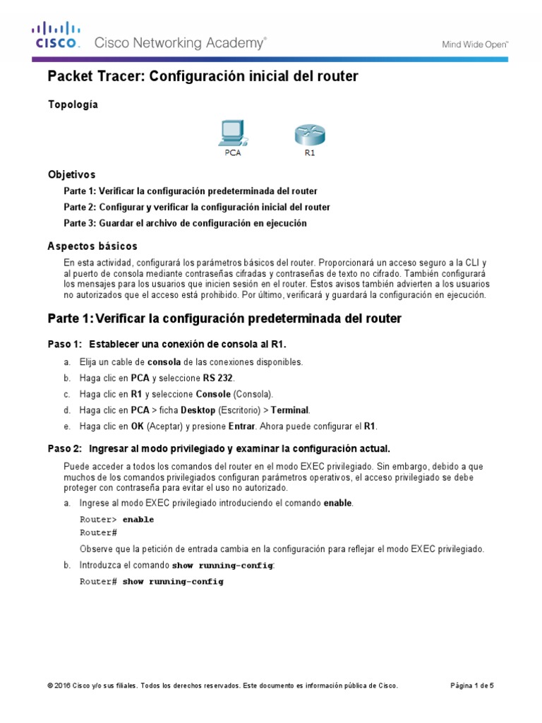 6.4.1.3 Packet Tracer - Configure Initial Router Settings PDF | PDF ...