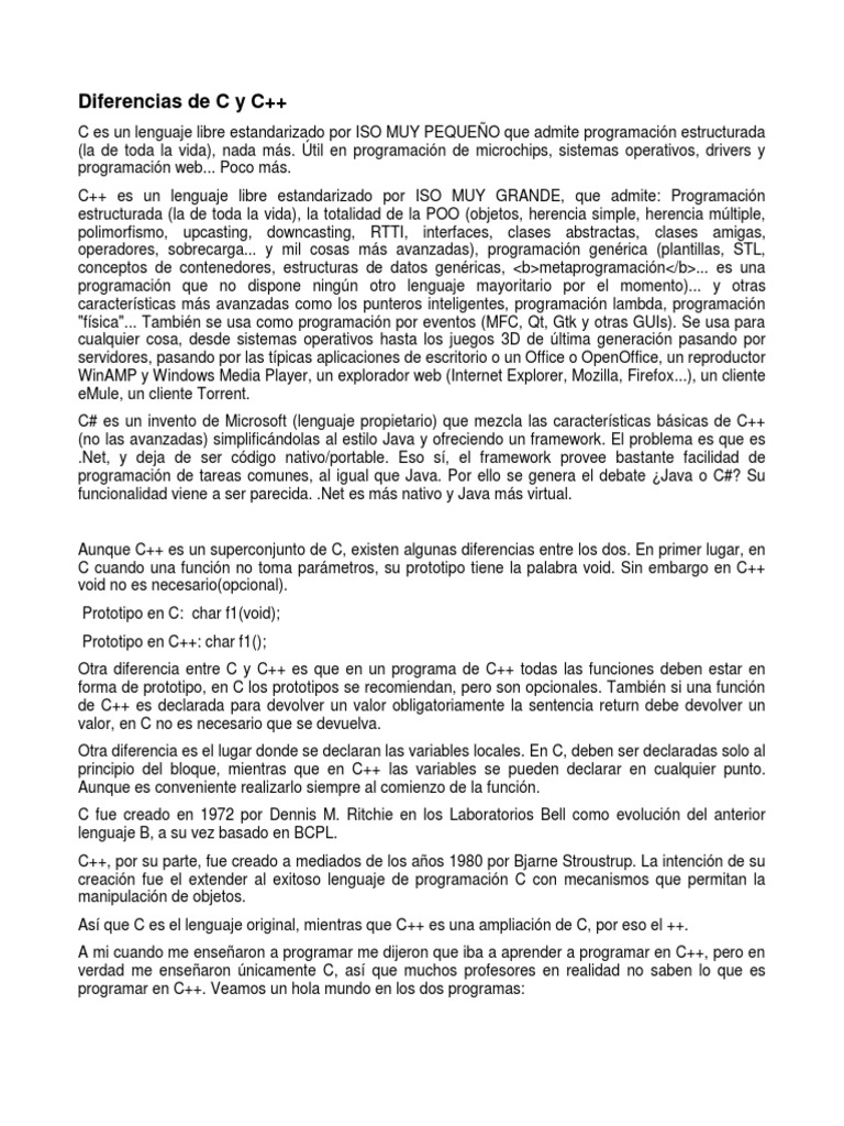 Diferencias entre C y C++ | PDF | C ++ | C (lenguaje de programación)