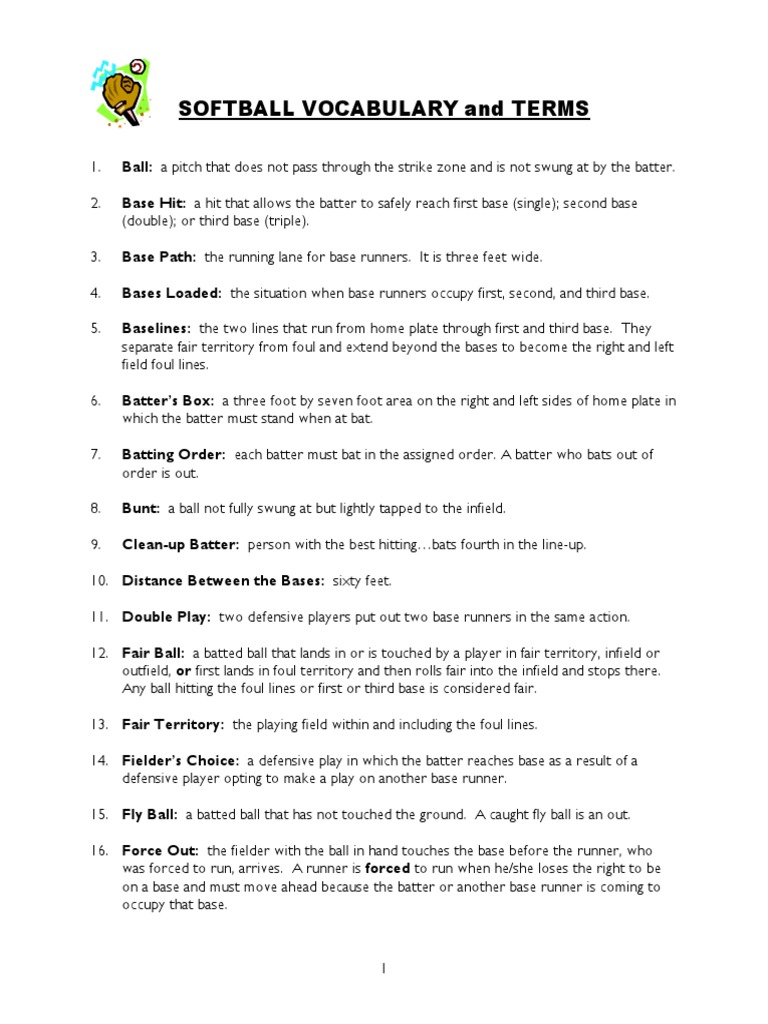 Softball Vocabulary and Terms PDF PDF Baseball Field Softball