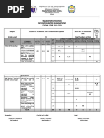 Table of Specification Second Quarter Examinations SCHOOL YEAR 2018-2019