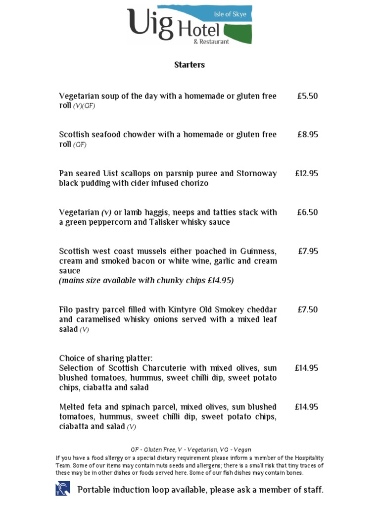 Uig Hotel Dinner Menu PDF Cheddar Cheese Foods