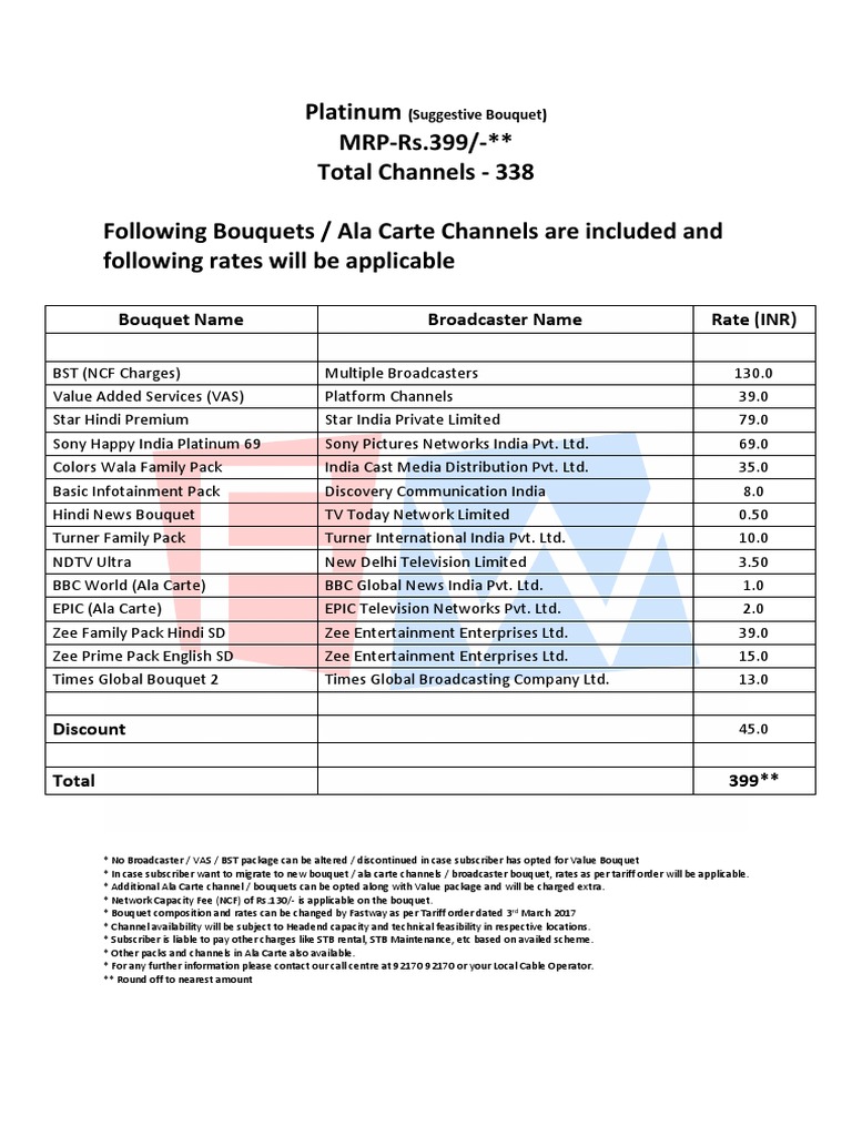 Platinum MRPRs.399/ Total Channels 338 Following Bouquets / Ala