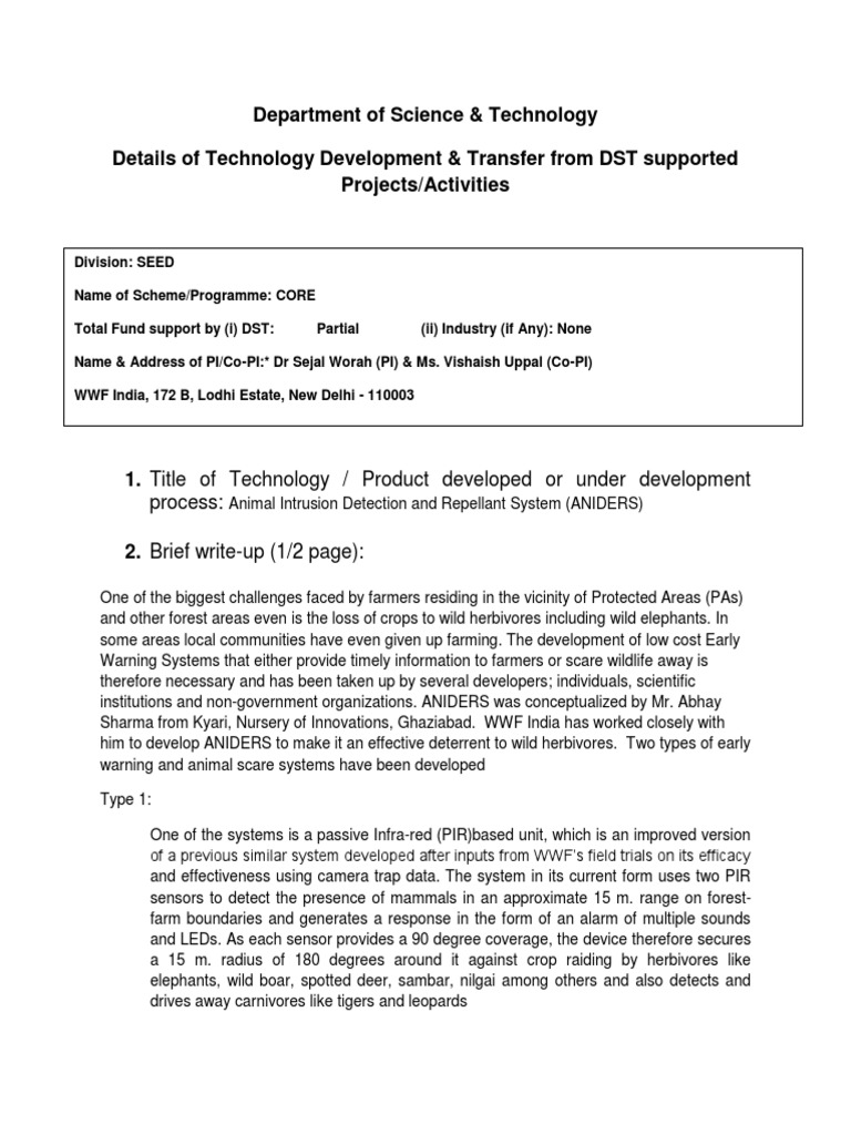 Department of Science & Technology Details of Technology Development ...