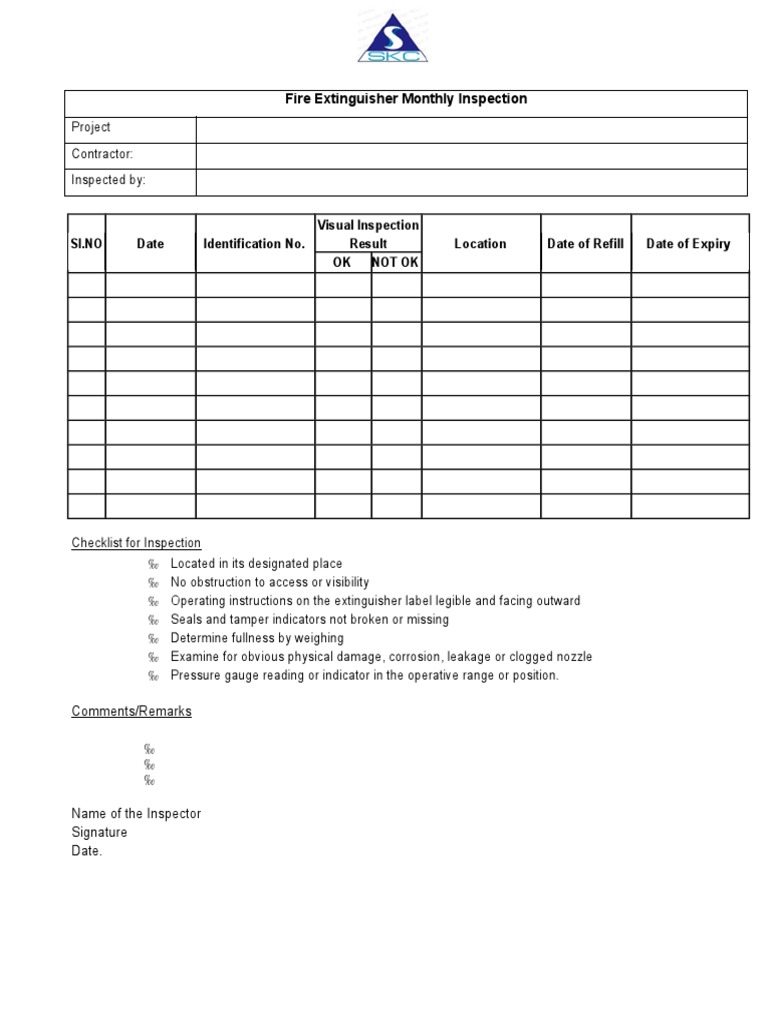 Monthly Fire Extinguisher Inspection Checklist | PDF