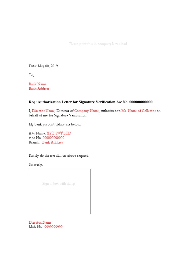 Authorization Letter For Signature Verification PDF Written