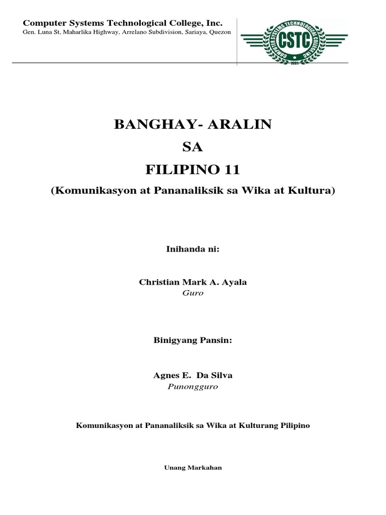 BanghayAralin SA Filipino 11 (Komunikasyon at Pananaliksik sa Wika at