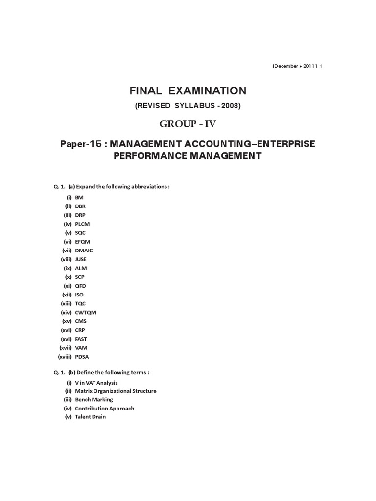 Final Examination Group Iv Paper 15 Management Accounting Enterprise Performance Management Internet Inventory