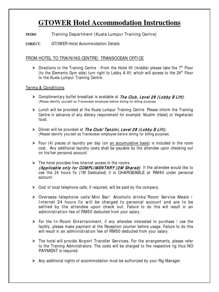 GTOWER Hotel Stay Instructions for Amway MTM | PDF | Business