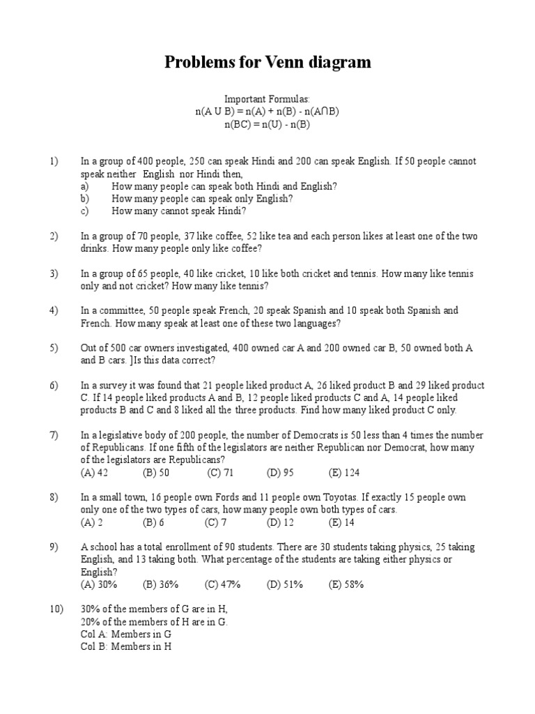 Problems For Venn Diagram | PDF | Foreign Language Studies