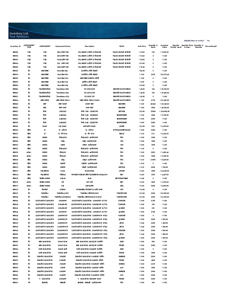 Inventory List PDF Transistor Printed Circuit Board