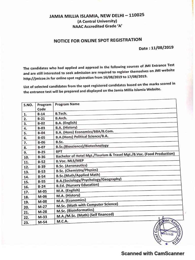 Notice Admission Spot Registration 2019august11 PDF | PDF