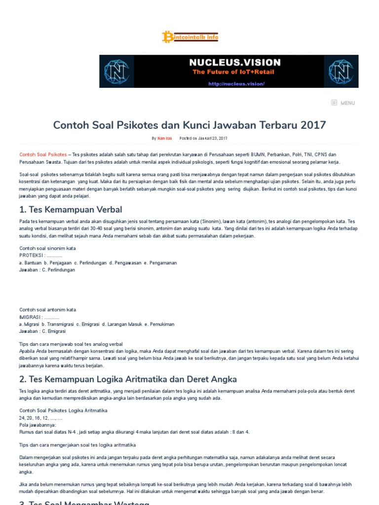 01 Contoh Soal Psikotes Dan Kunci Jawaban Terbaru 2017